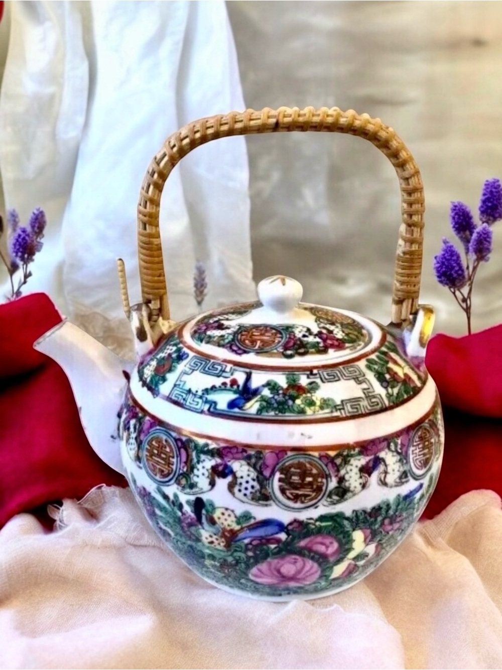 Vintage Ceramic Teapot Bamboo Handle Made in Hong Kong Flowers Symbols Gold Trim